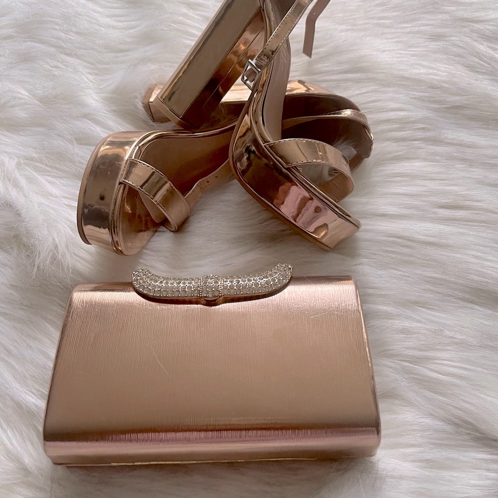 Rose Gold Metallic Hard Clutch with Rhinestone Embellished Handle
